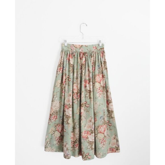 Vtg 80s 90s Ralph Lauren Dusty Green Floral Print Wrap Top + Midi Skirt Set XS 2 - Picture 5 of 8